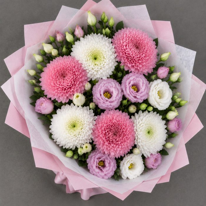 Букет из гвоздик, хризантем и эустомы, фото 3