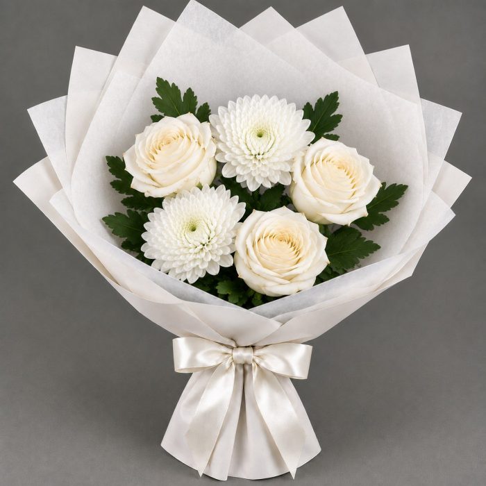 Букет из кремовых роз и белых хризантем